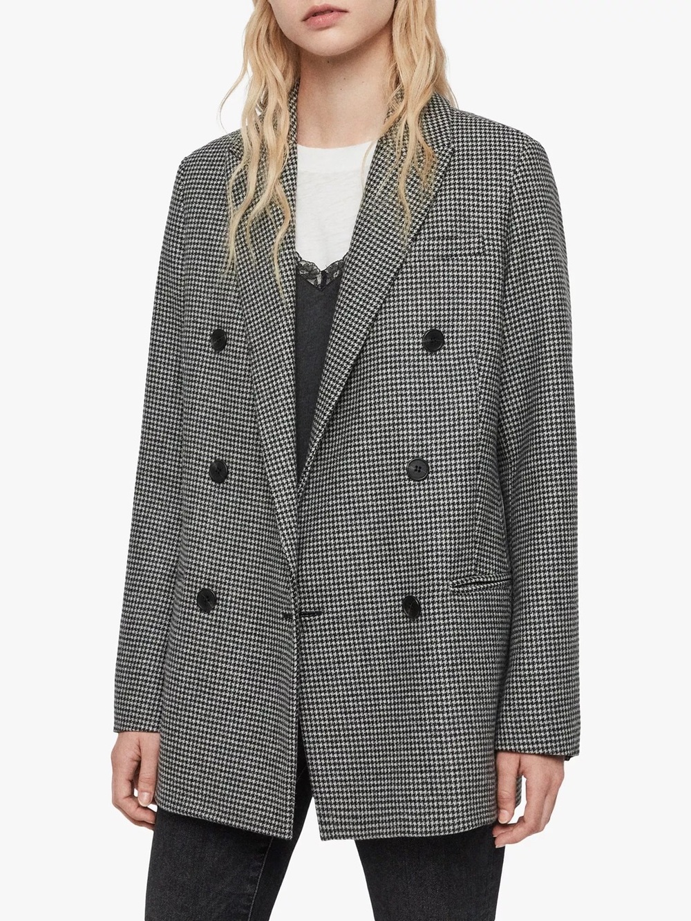 AllSaints Black & White Houndstooth Double-Breasted Blazer